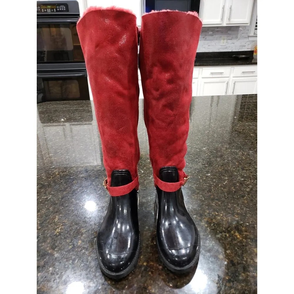 Womens Boots Size 8 Black & Red Patent Leather Comfort Buckle Round Toe Side Zip - Image 2