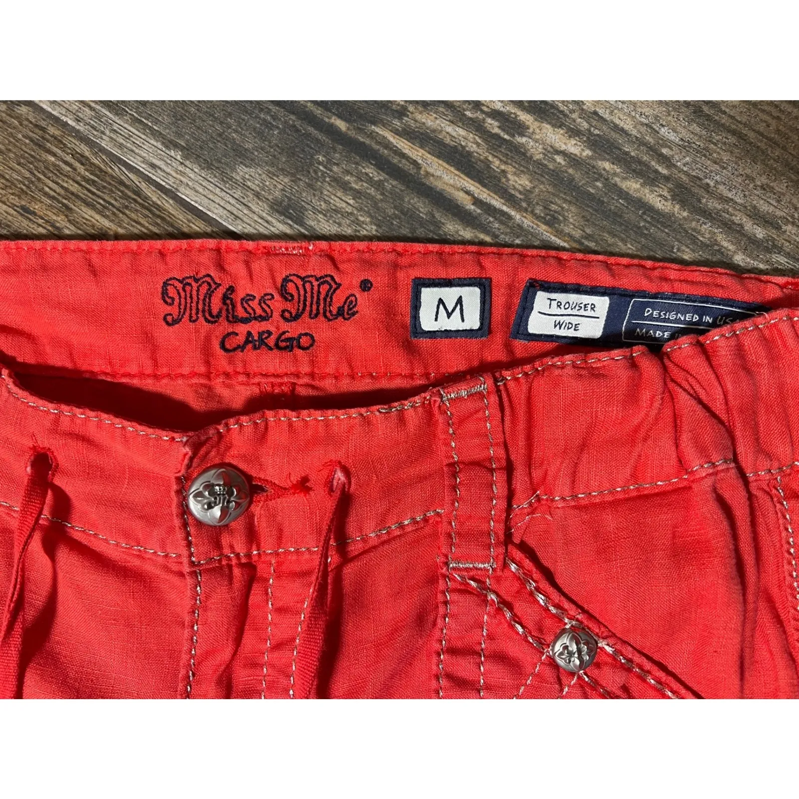 Miss Me Cargo Pants Trouser Medium Red 100% Linen Wide Leg BLING Boho Y2K TALL - Image 3