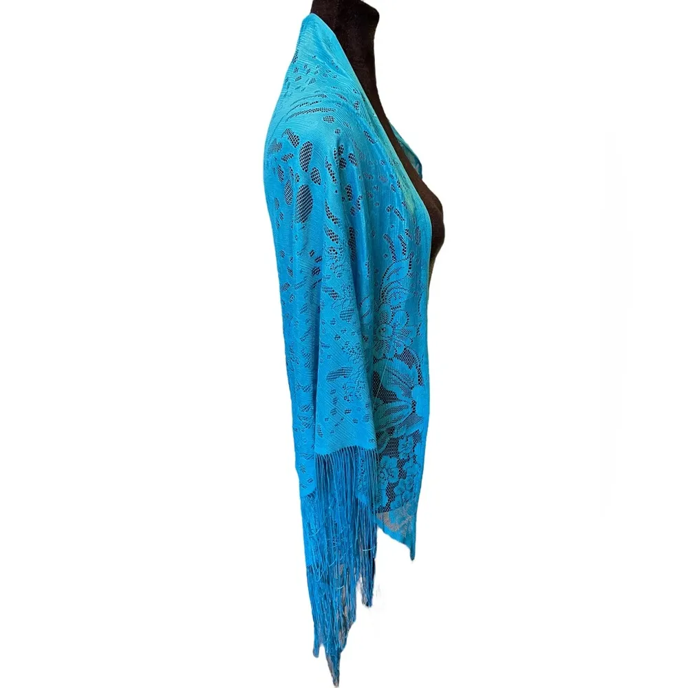 Boho Witch Hippie Ethereal Romantic Blue Sheer Floral Fringe Bandana Lace Shawl - Image 4