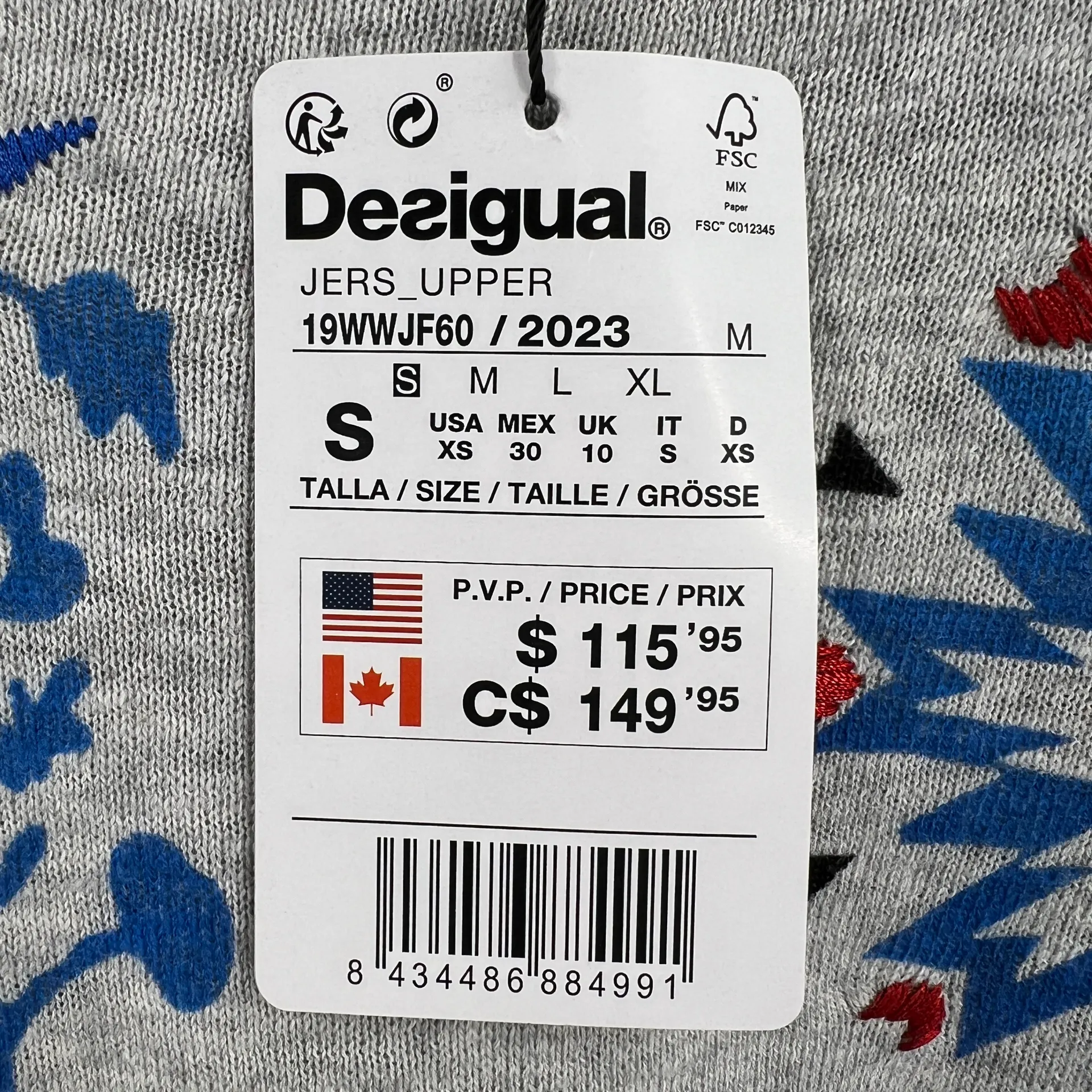 Desigual Gray Sweater Multicolor Graphic Crew‎ Neck Oversized Women US XS New - Image 5