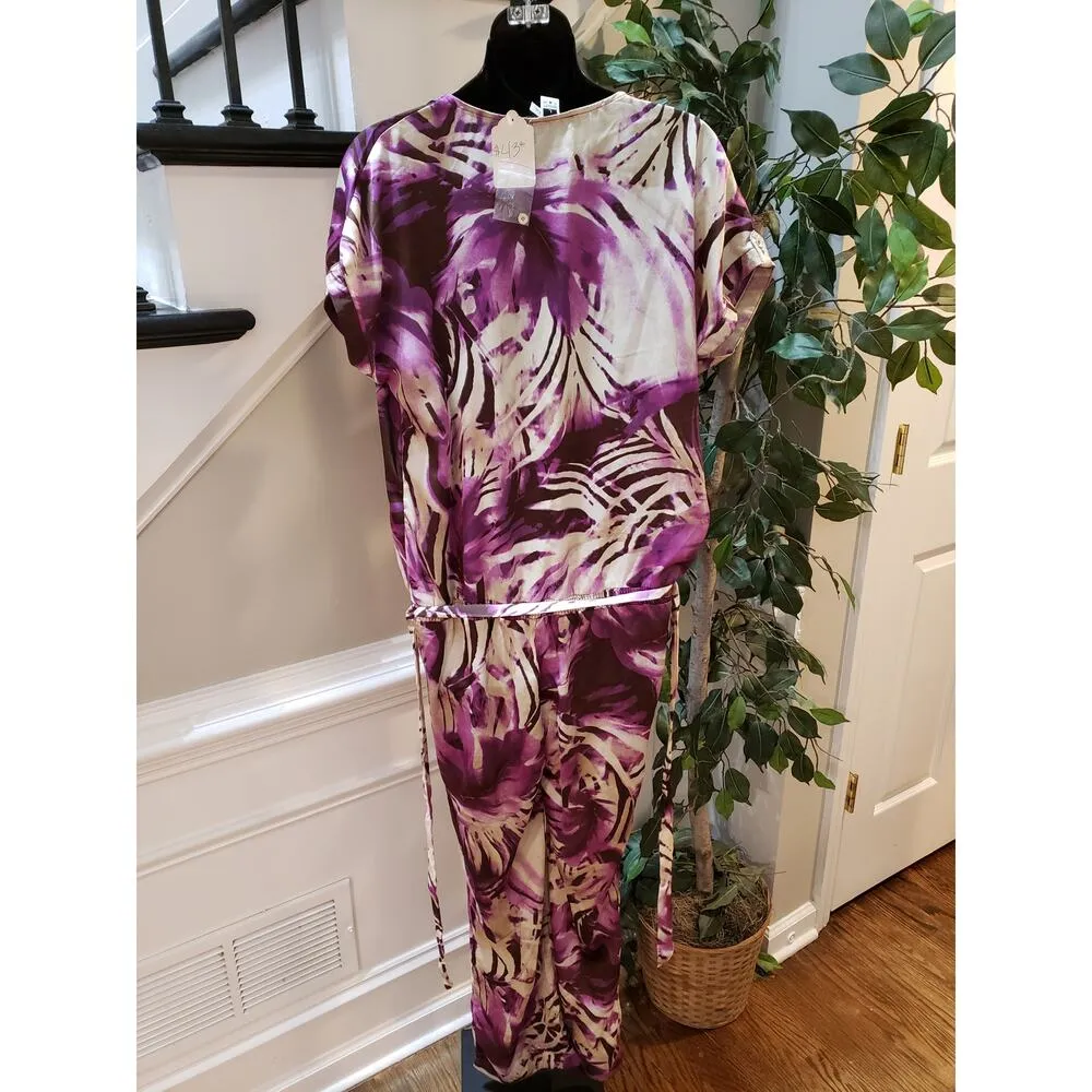 Nikibiki Jumpsuit Womens Large Purple Palm Leaf Print Tie Waist Surplice Neck - Image 4