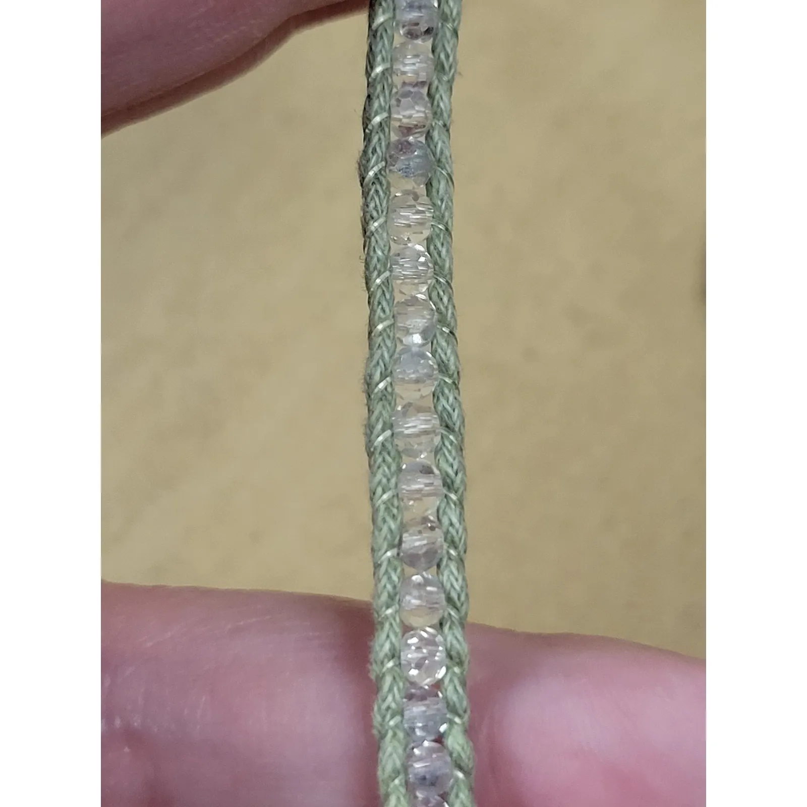 Green Leather Bead Bud To Rose By Diddi Clear Rhinestones Necklace - Image 3