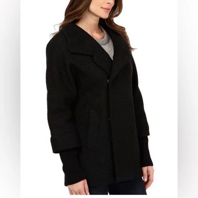 Calvin Klein Peacoat Black Asymmetrical Coat w/Knit Sleeves Size 10 Oversized - Image 3