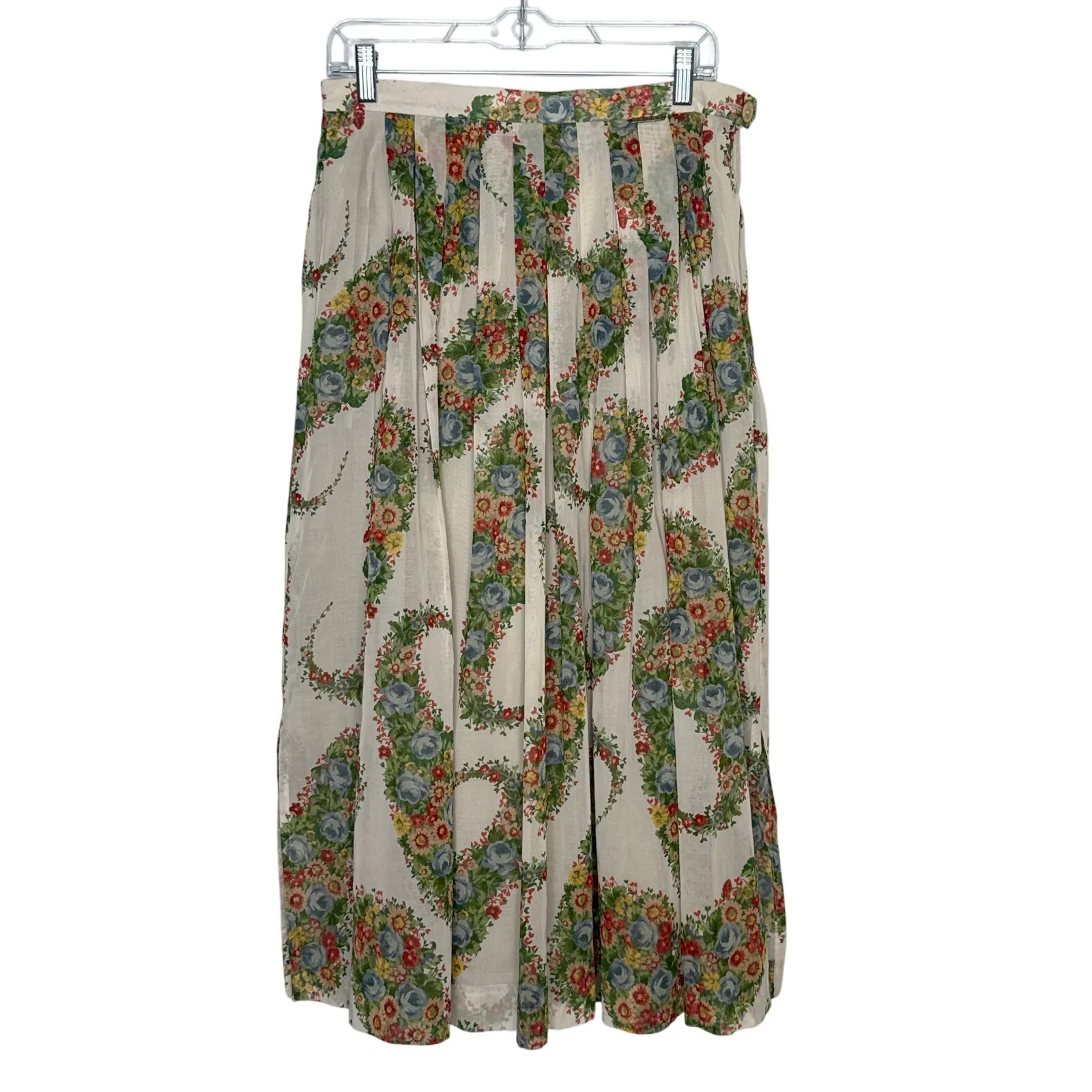 1980s Geiger Austria Floral Cotton Midi Skirt prairie folk retro Size 42 Medium White - Image 2