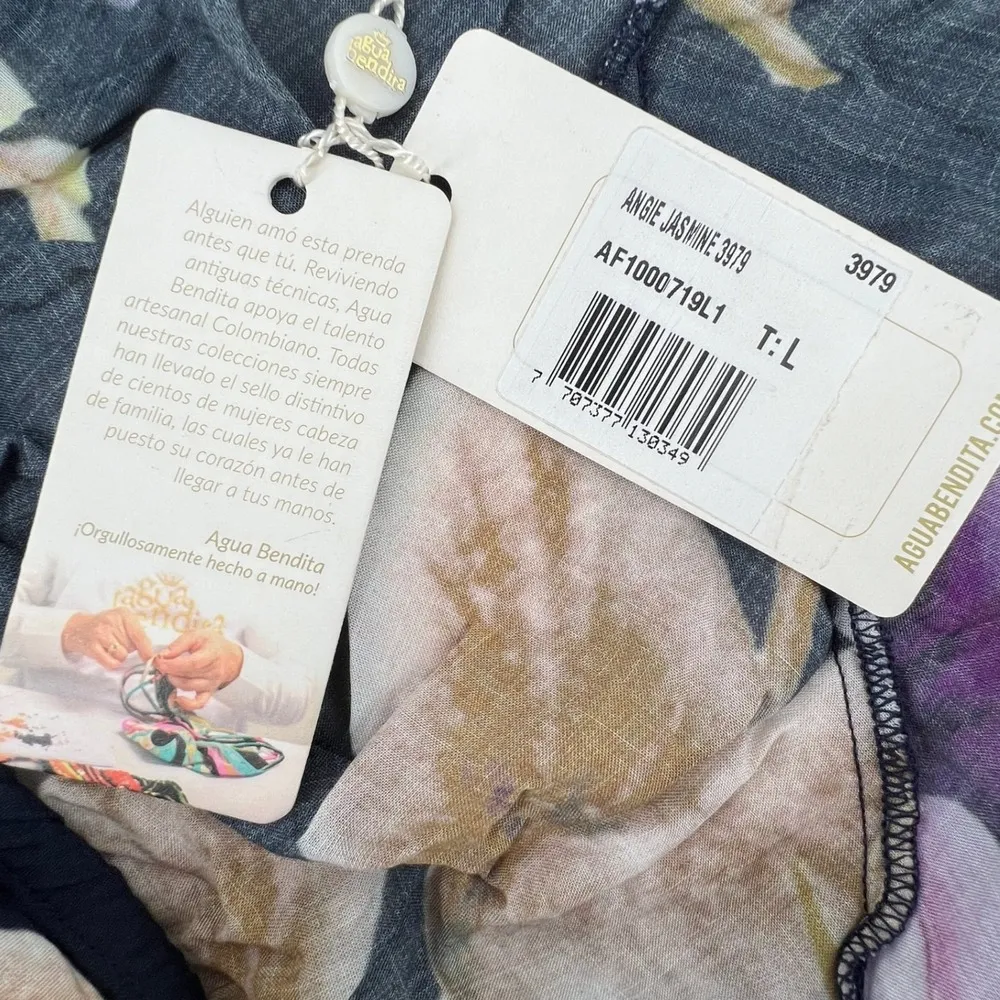 Agua Bendita Women L Angie Blouse Jasmine Collection Navy Floral Front Tie Shawl - Image 8