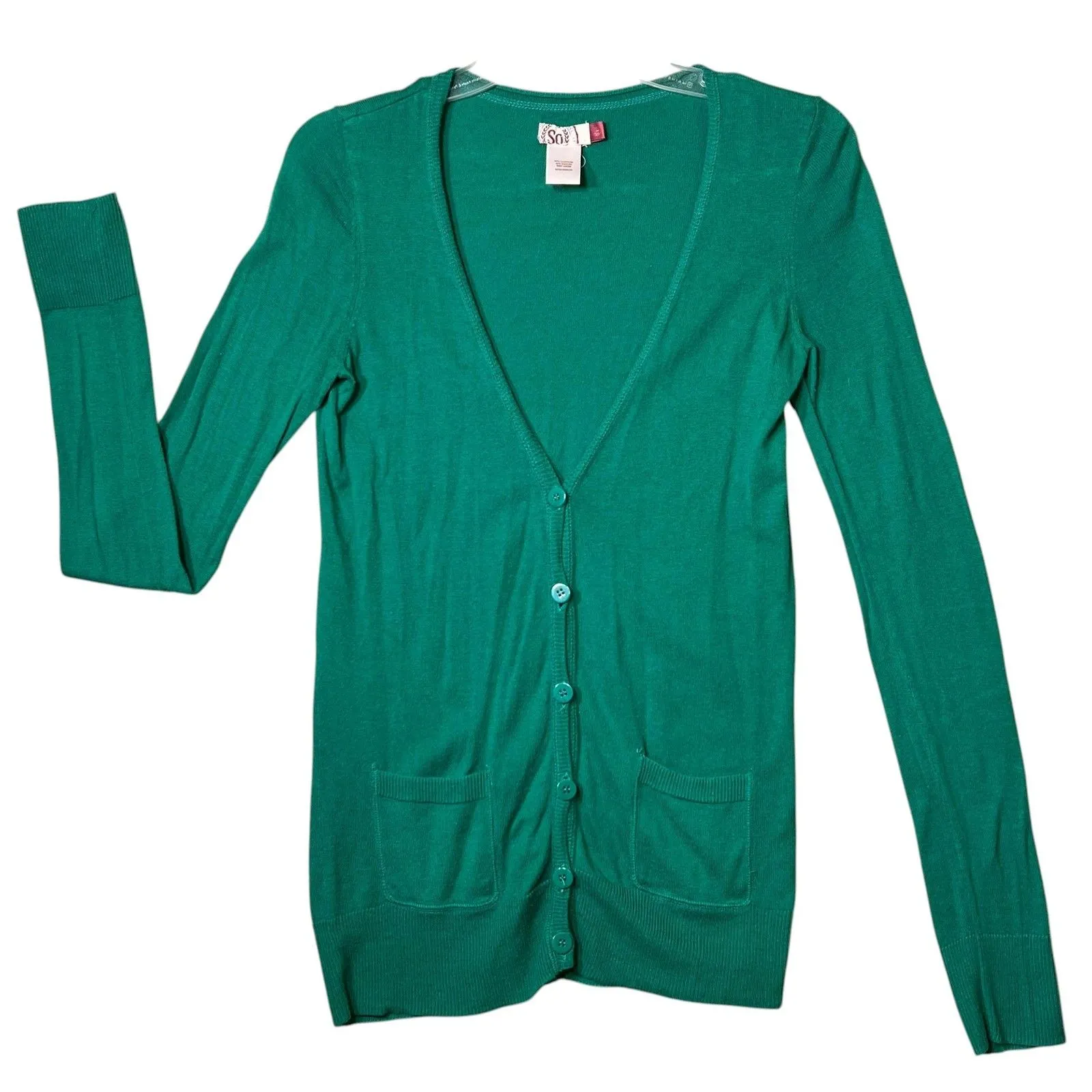 SO  Cardigan Sweater Womens Large Green V Neck Button Front Pockets Lightweight - Image 11
