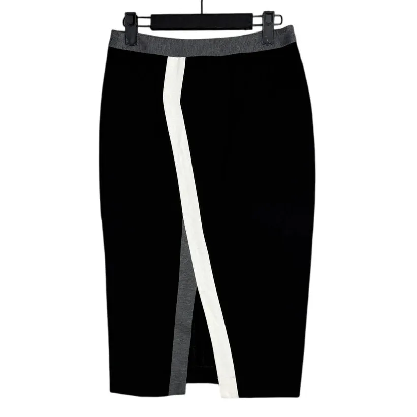 Alvin Valley Color Block Trim Accent Pencil Fitted Midi Skirt Slit S Black White - Image 11