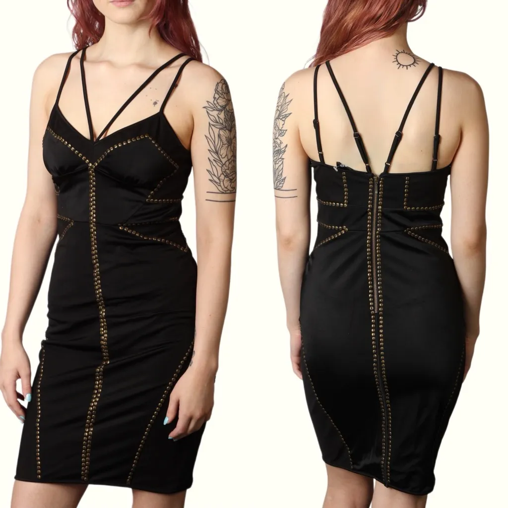 Bebe Black Bodycon Stud Detail Sexy Little Black Dress - M - Image 2