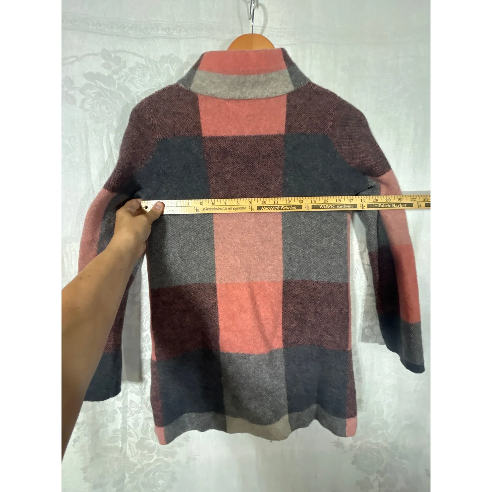 Field Flower Sweater Jacket Small Pink Gray Plaid Full Zip 100% Wool Cardigan - Image 9