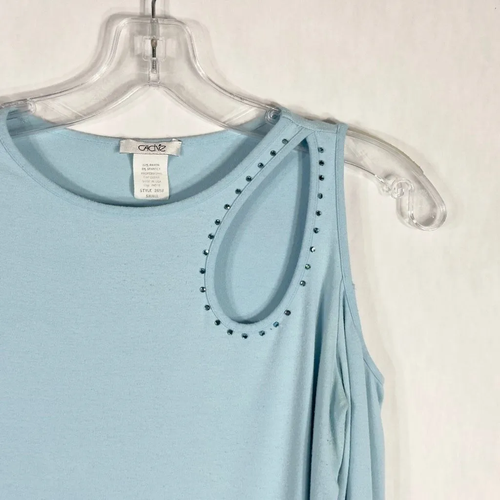 Cache Small‎ Top Knit Light Baby Blue Rhinestones Cut Out Cold Shoulder Y2K 1348 - Image 3