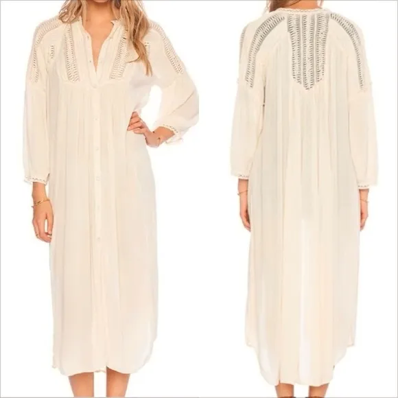 Free People Cream Textured Lace Crochet Pleated Button-Up Cover Up Long Dress S - Image 2