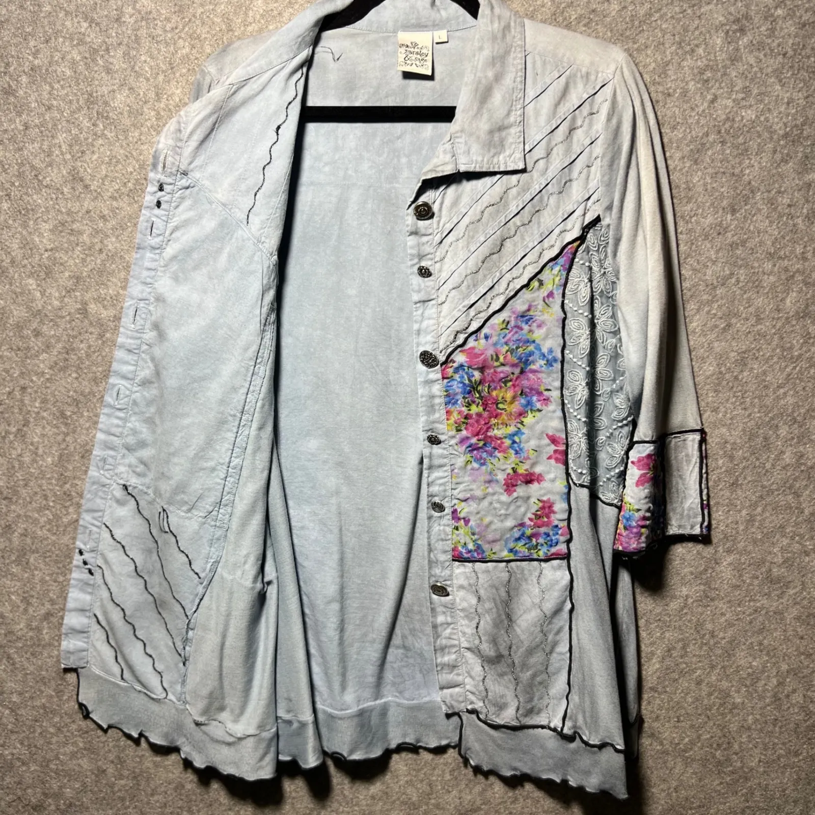 Parsley & Sage Top Artsy Boho Lagenlook Patchwork Tunic Shirt Jacket Gray Size L Blue Size L - Image 7