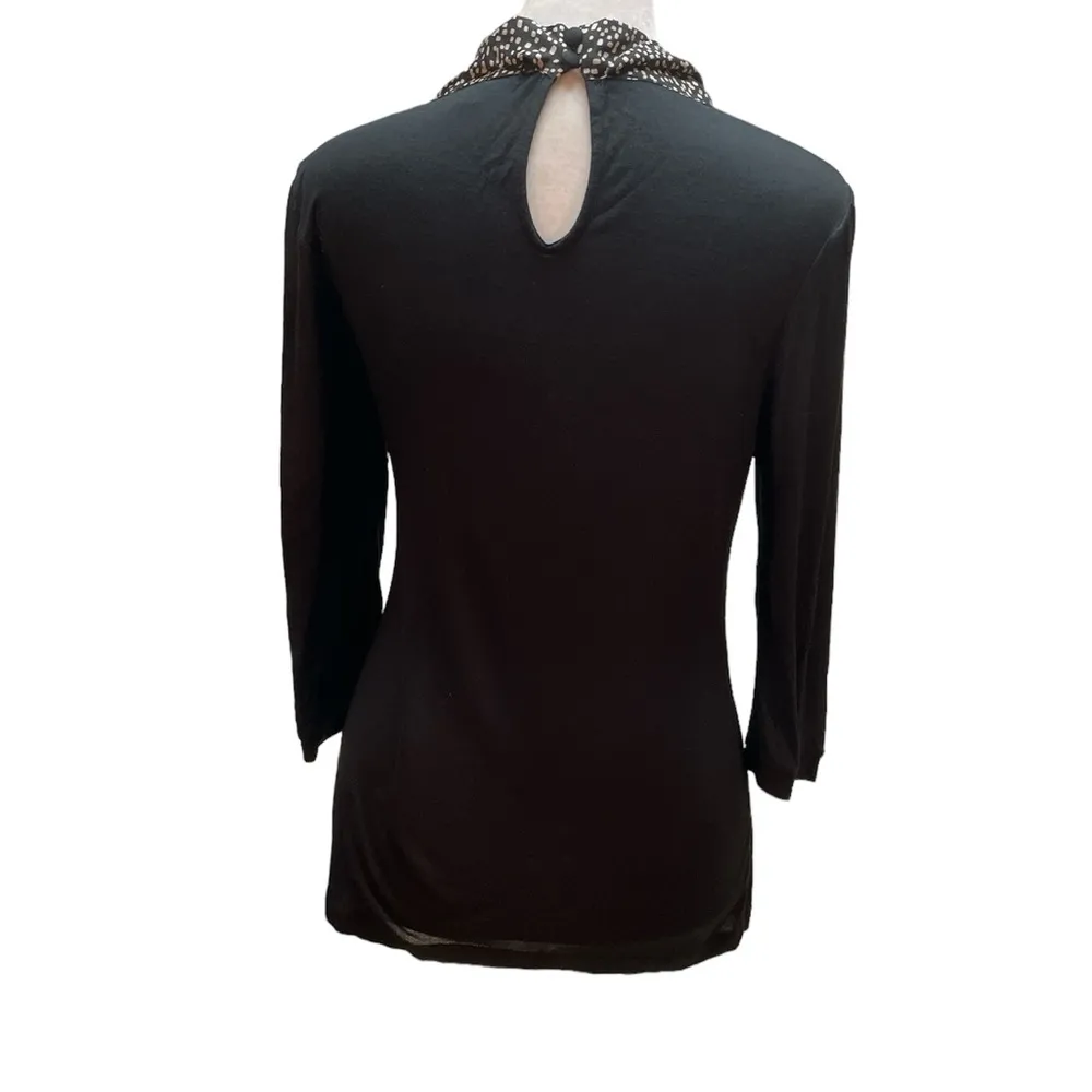 Black 3/4 Sleeve Blouse with Mock Scarf Keyhole Back Size XS - Image 4