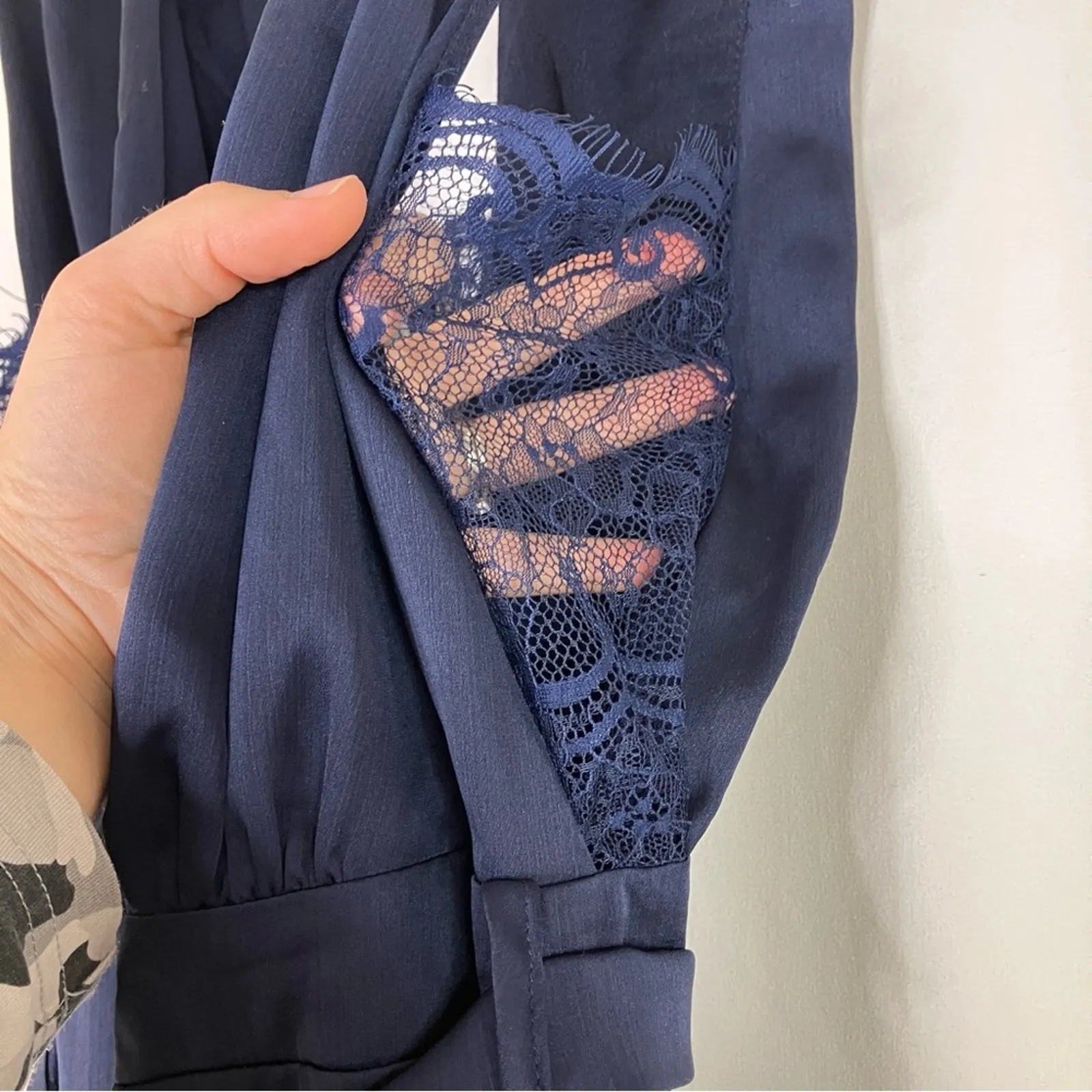 One One Six | Navy Blue Satin Jumpsuit Lace Detail Polyester Women's Small - Image 6