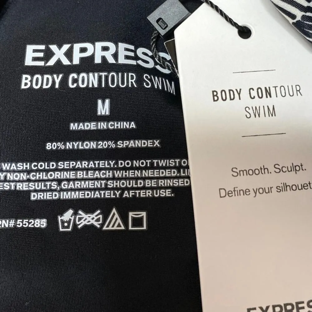 NEW Express Body Contour Black White Floral Plunge Halter One Piece Swimwear M - Image 4