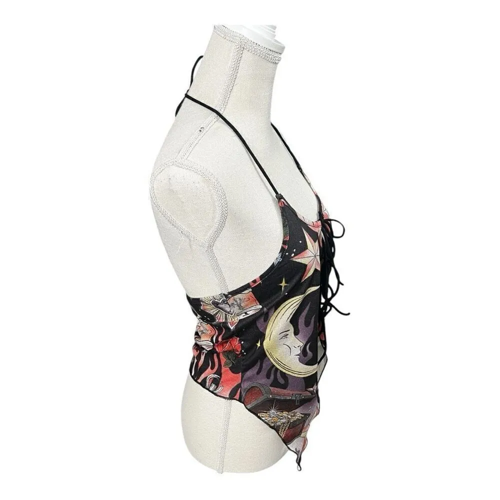 Romwe Black Multicolor Moon Floral Print Halter Top Size L Lace Up Open Back - Image 6