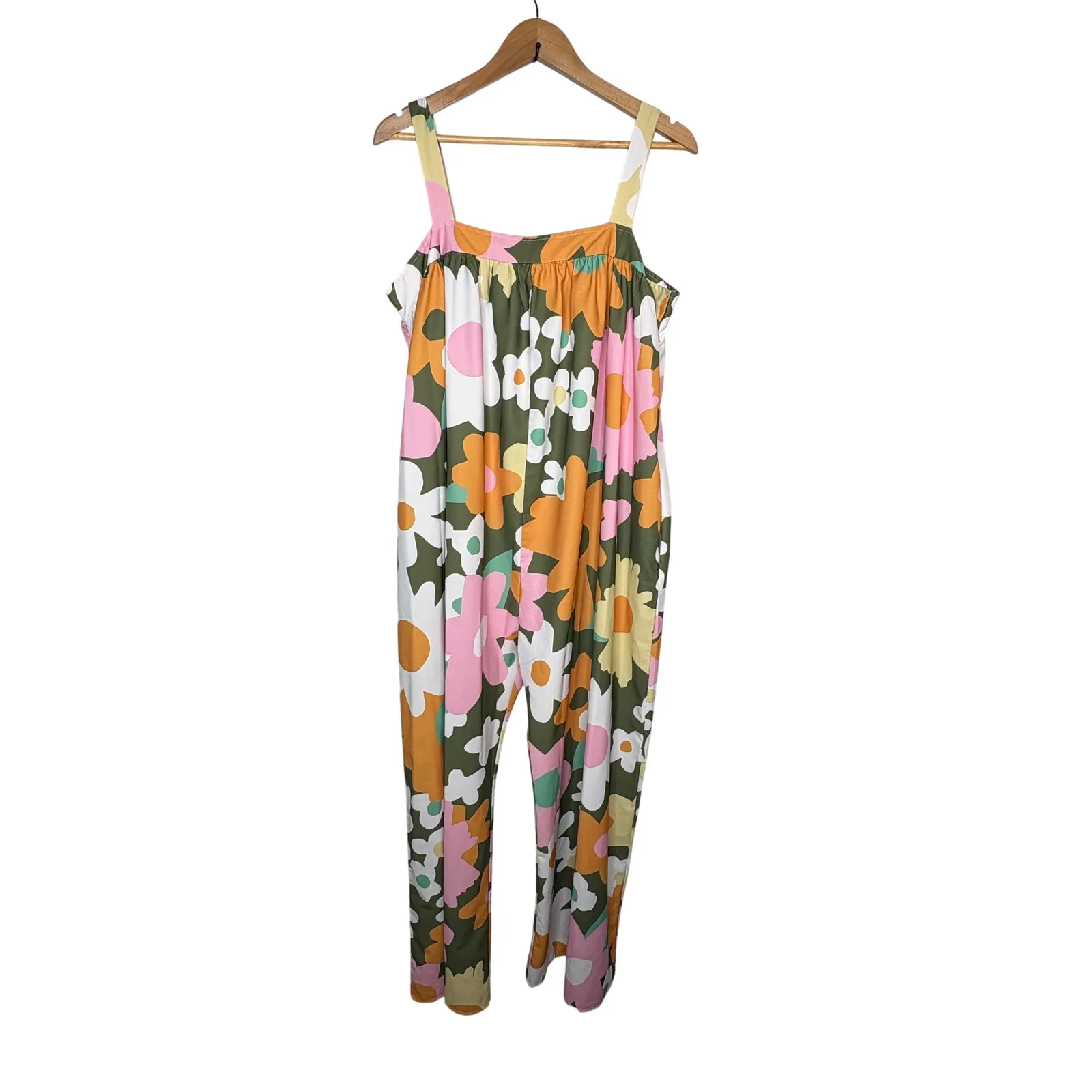 Floral Jumpsuit Wide Leg Square Neck Sleeveless Casual Lounge Women Plus Size 2X Green - Image 2