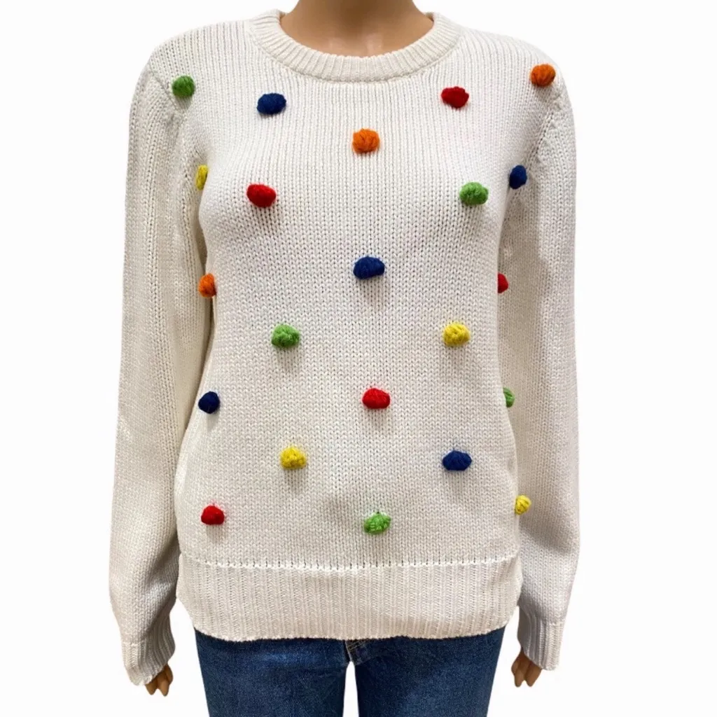 ModCloth Blowing Bubbles Rainbow PomPom Pullover Sweater White Medium NEW $88 - Image 3