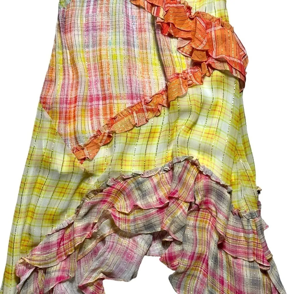 Hemant & Nandita Multi Colored Madrasi Asymmetrical Midi Dress US S Yellow - Image 8