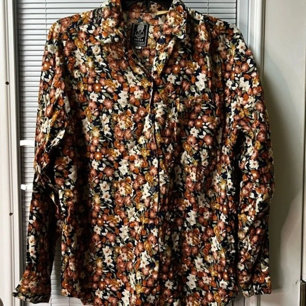 Short Circuit small rayon blouse button down floral‎ blue brown BBL - Image 6