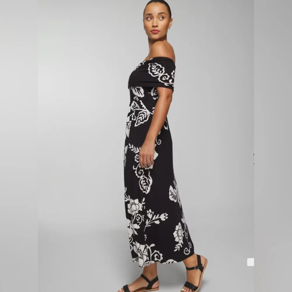 Soma‎ Soft Jersey Off The Shoulder Midi Bra Dress Black White Floral XS/SM EUC - Image 2