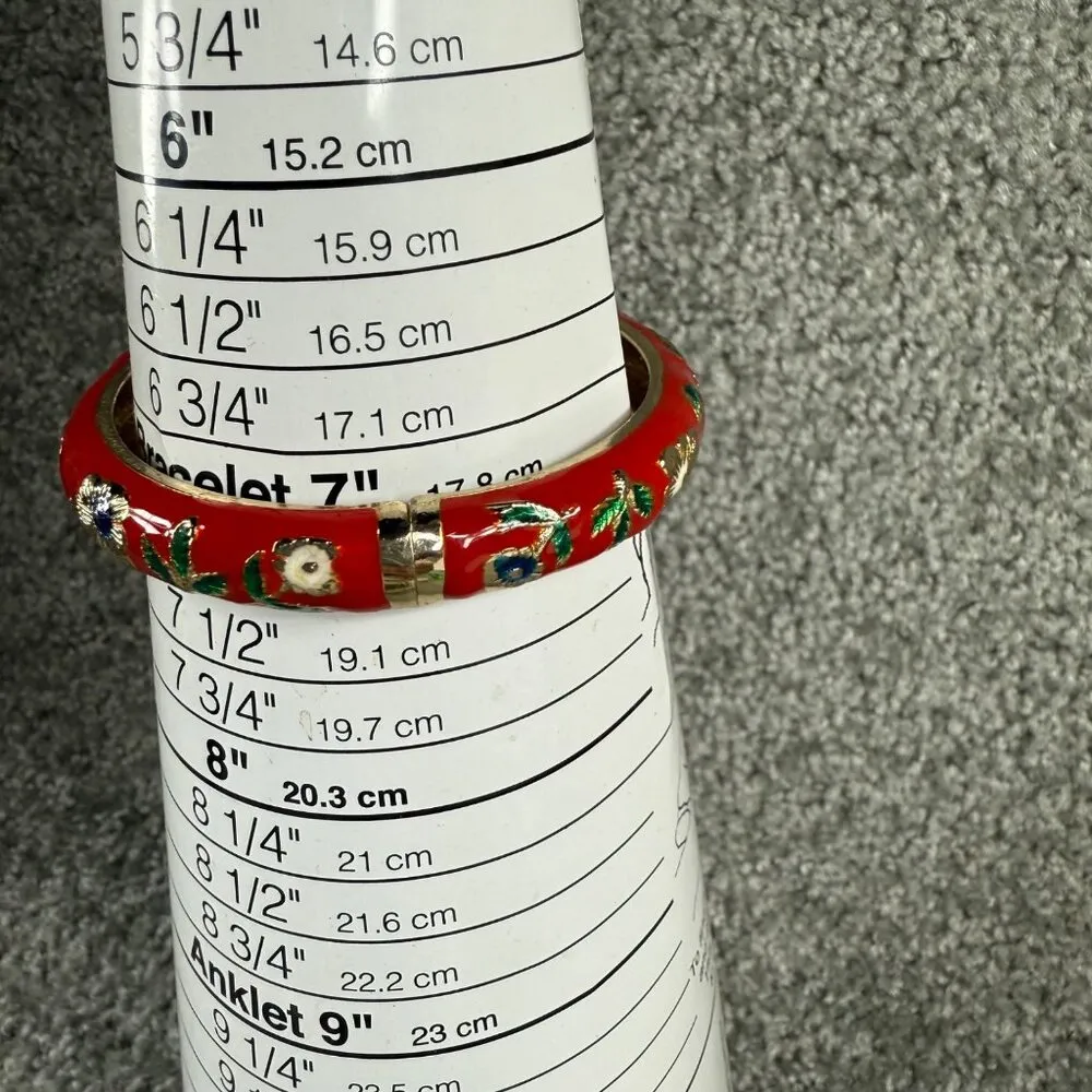 Clamper Style Bracelet Red Color Flower Pattern Accent Multicolor Enamel Painted - Image 3