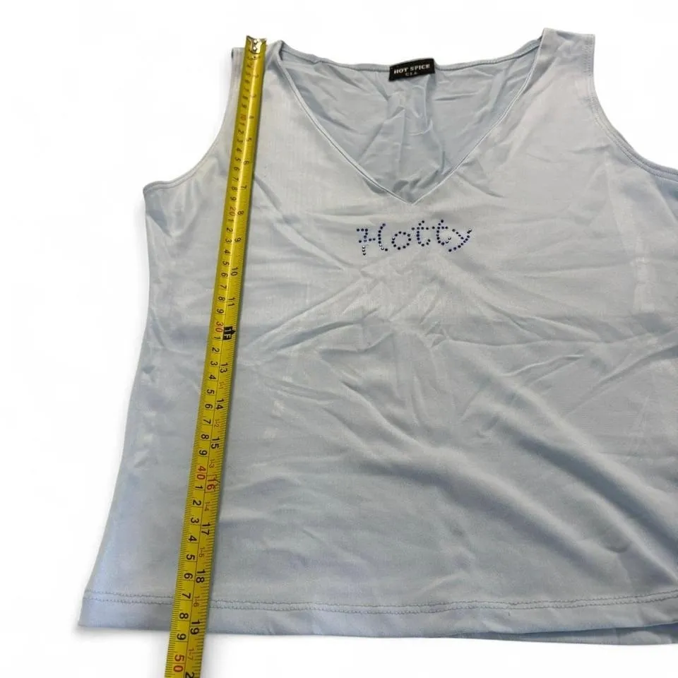 Vintage Y2K Hot Spice "Hotty" Baby Tank Top Blue Rhinestones Glam Graphic Tee Size L - Image 4