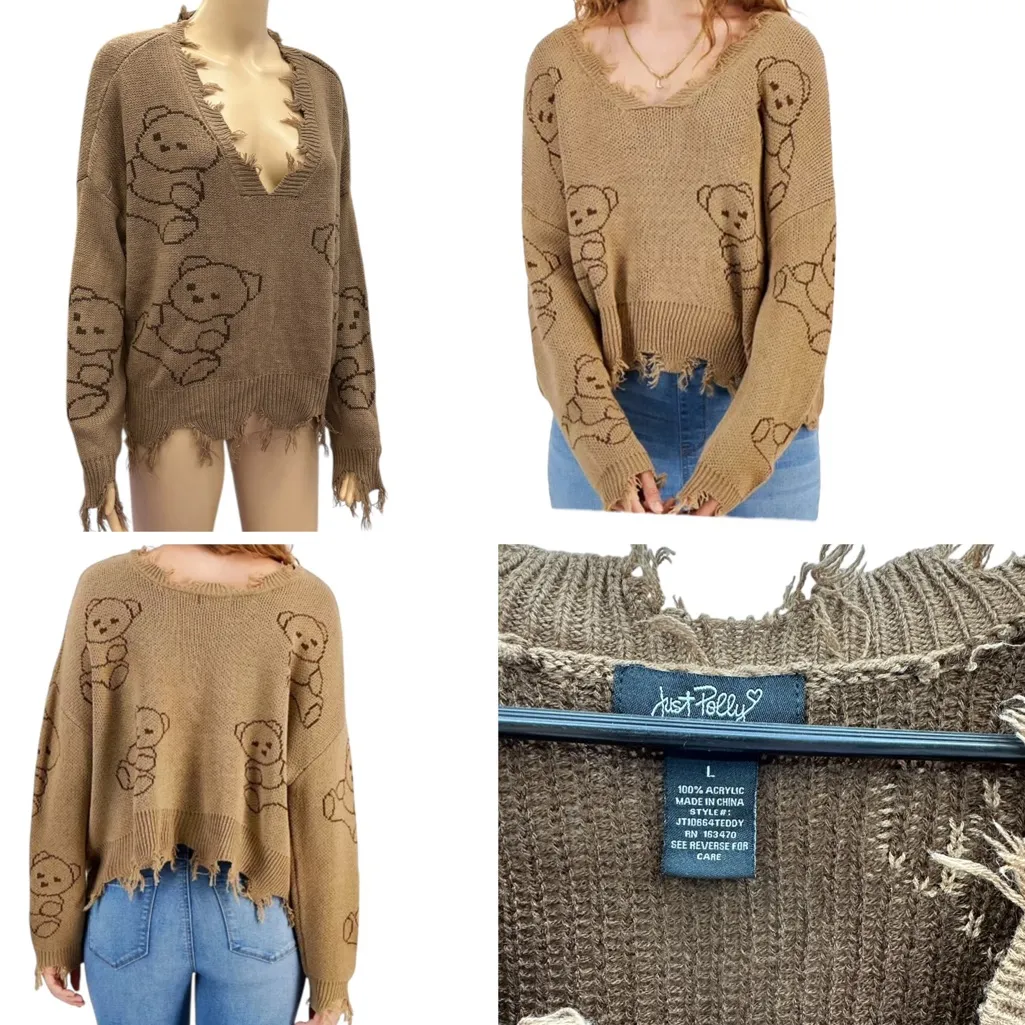 Just Polly Y2K Grunge Distressed Teddy Bear Sweater Brown Knit Womens Large - Image 2