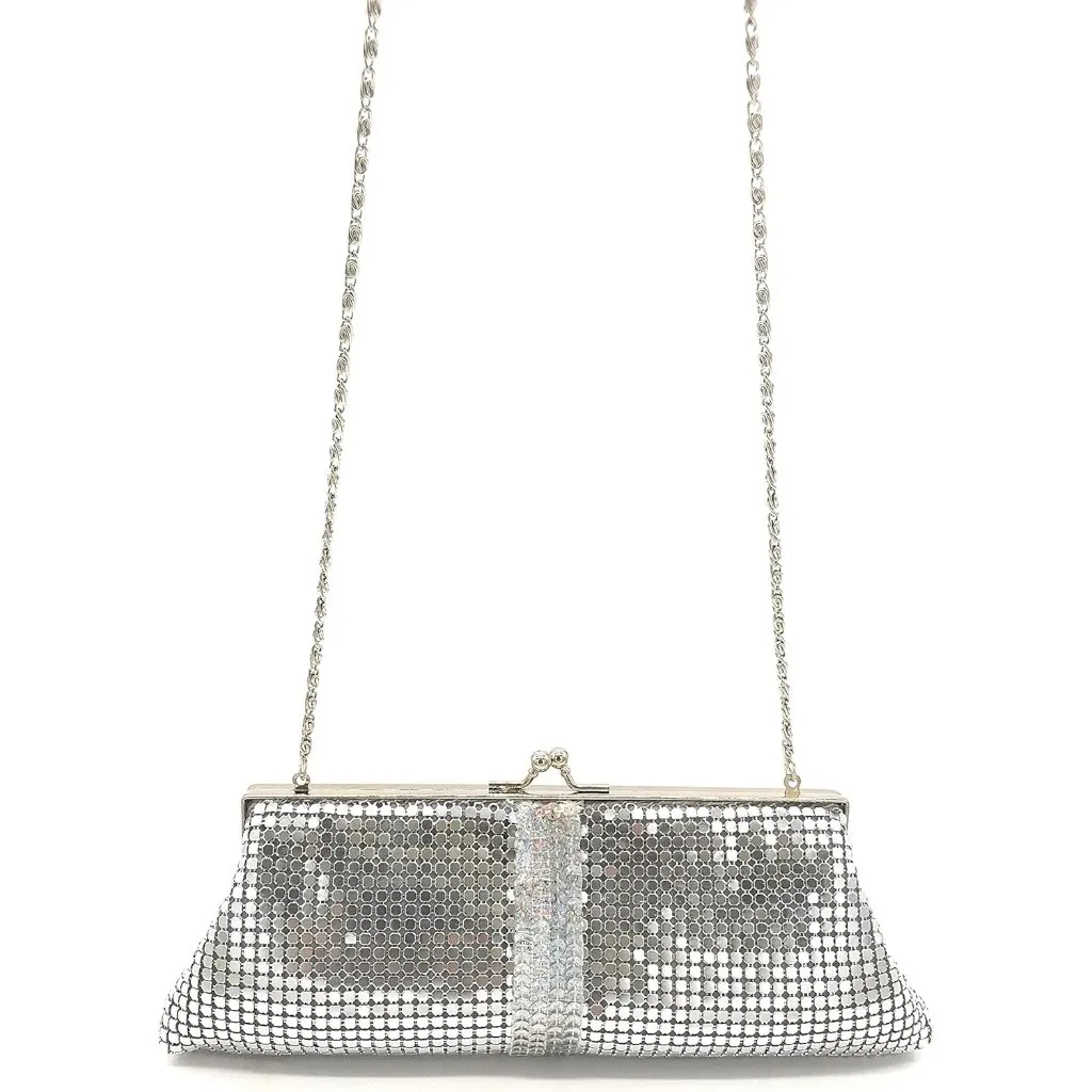 ⚡ Women's Silver Sequin Embellishment Pattern Metal Kiss Lock Evening Clutch Bag - Image 5