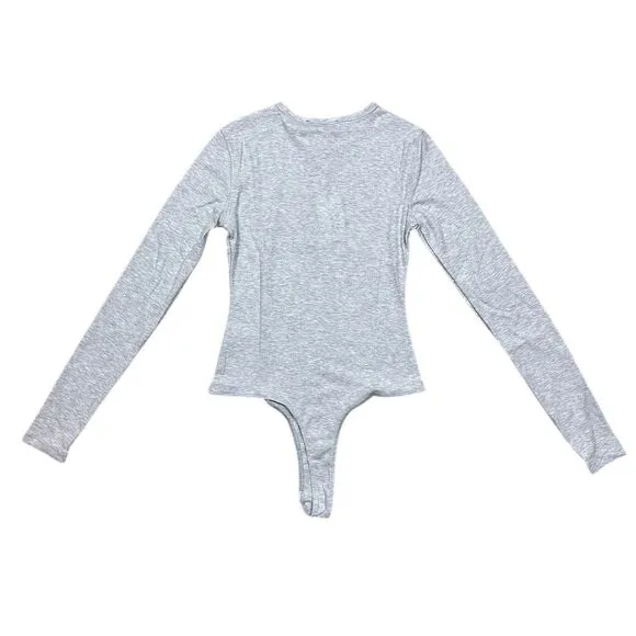 NWT WeWoreWhat Women's Crew Neck Henley Bodysuit Gray Long Sleeve Size S‎ - Image 5