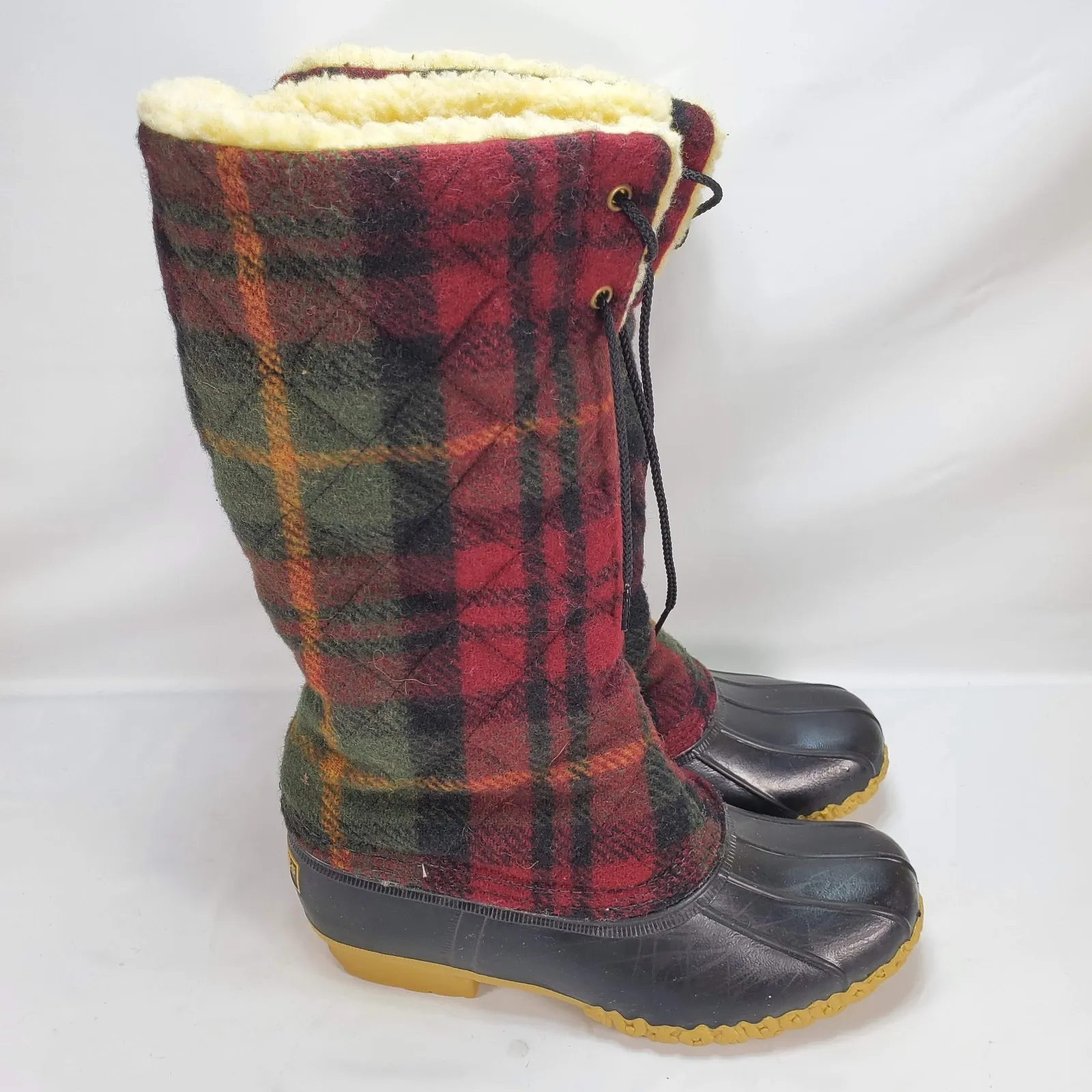 L.L. Bean Tartan Plaid Wool Shearling Sherpa Fleece Lined Duck Boot VTG Size 7 M Red - Image 4