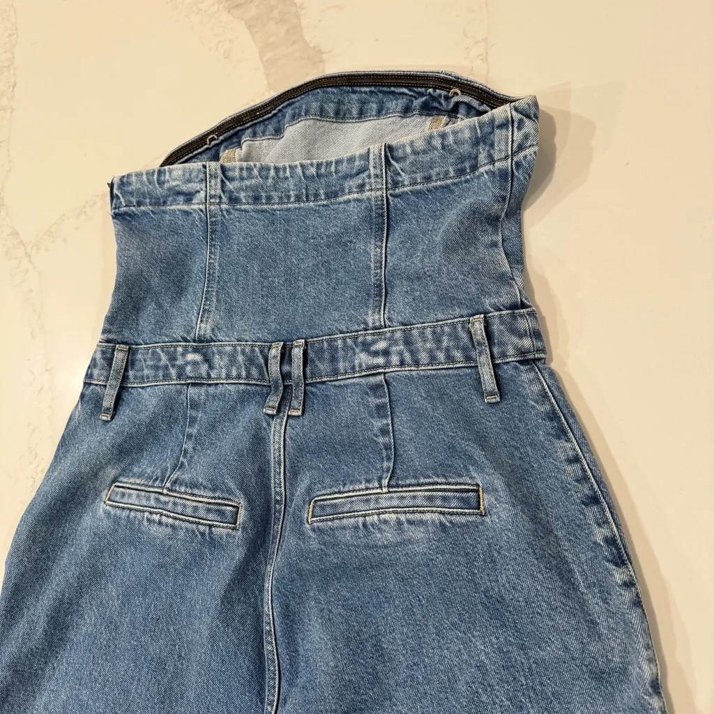 Express Strapless Wide Leg Cargo Denim Jean Jumpsuit Womens 12 Light Blue Wash - Image 14