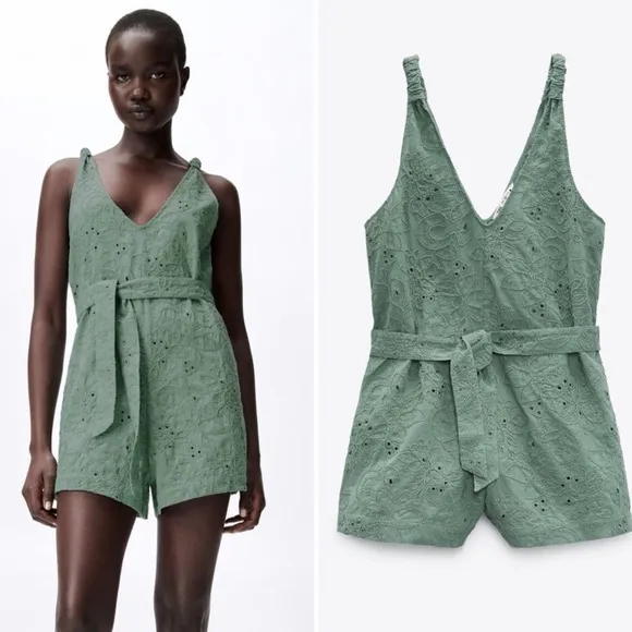 Zara Embroidered Eyelet Sage Green Casual Romper NO BELT Womens Size Small - Image 2