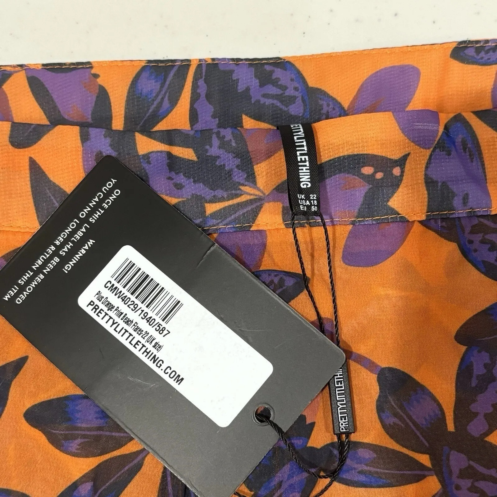 prettylittlething NWT Orange Floral Chiffon Beach Flare Pants Women's‎ Size 22 - Image 3
