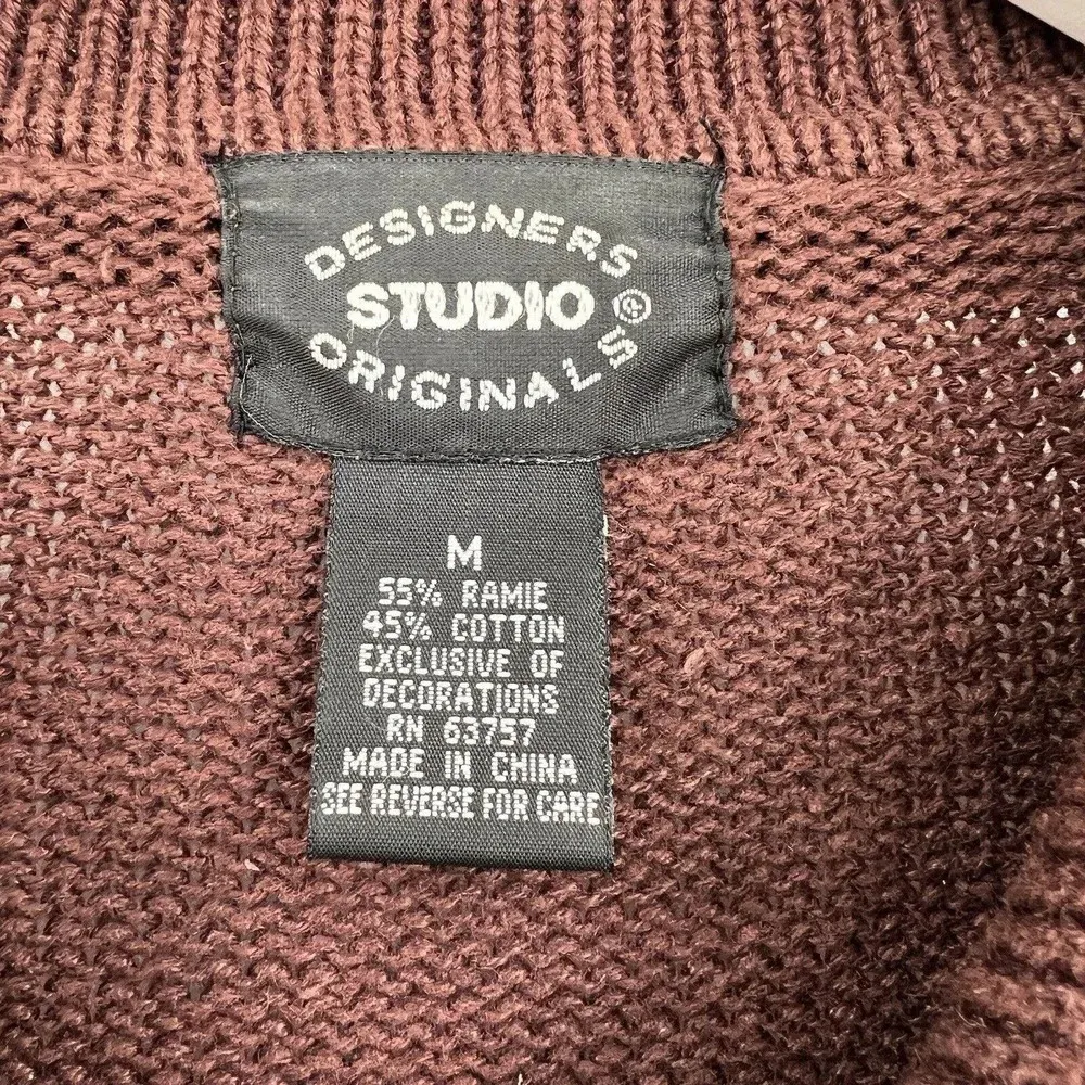 Vintage Designers Originals Zip Brown‎ Tan Leaf Embroidered Sweater Size Medium Brown - Image 8