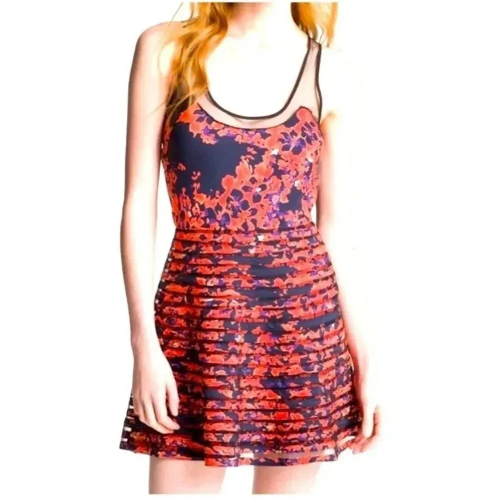 Parker Orange & Black Petal Bloom Mesh Sleeveless Fit & Flare Silk Dress Size M - Image 10