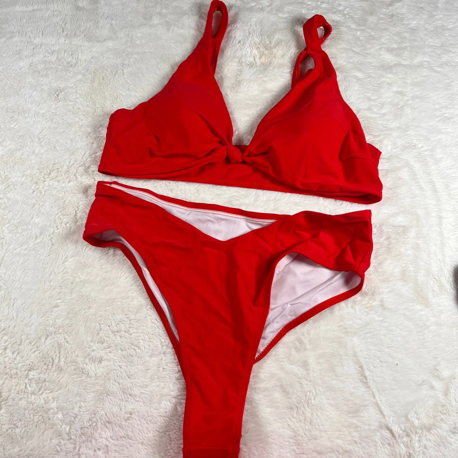 Red High Waisted Bikini Swimsuit Knot Front V Neck Thong Size XL Swimwear NWOT - Image 2