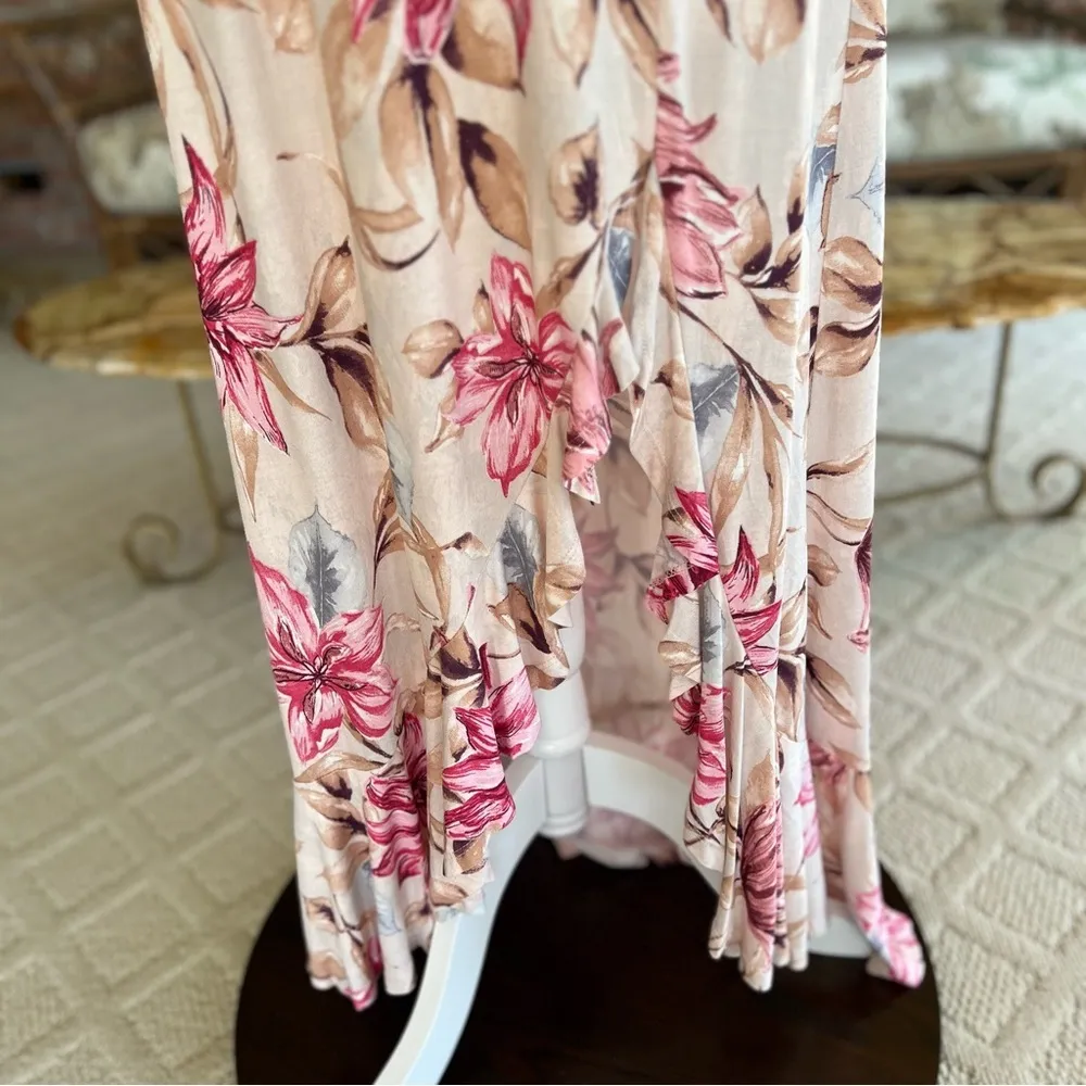 Lascana Maxi Skirt Pink Floral Ruffled Split Front 8 Vacation Brunch Party Mod - Image 5