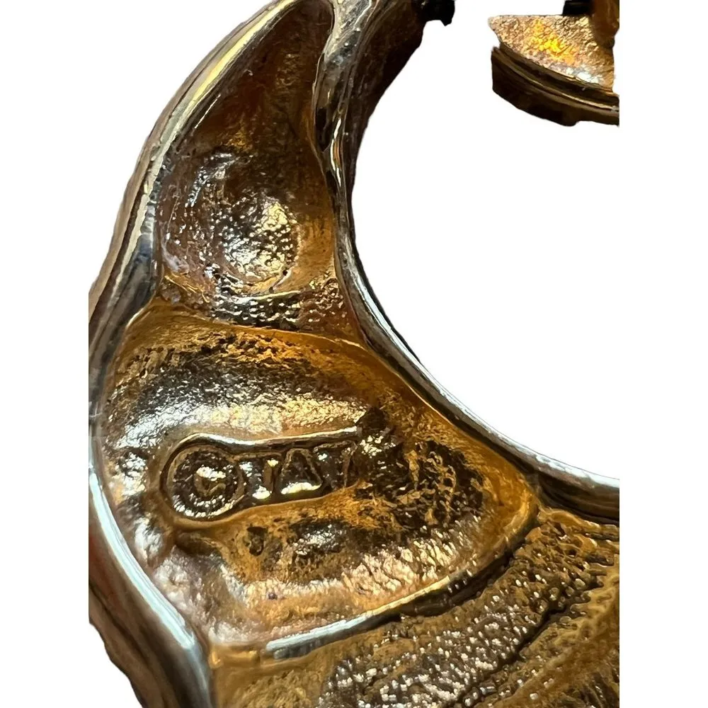 Vintage TAT Earrings Clip On Door Knocker Gold Tone Black Enamel 1.5" - Image 4