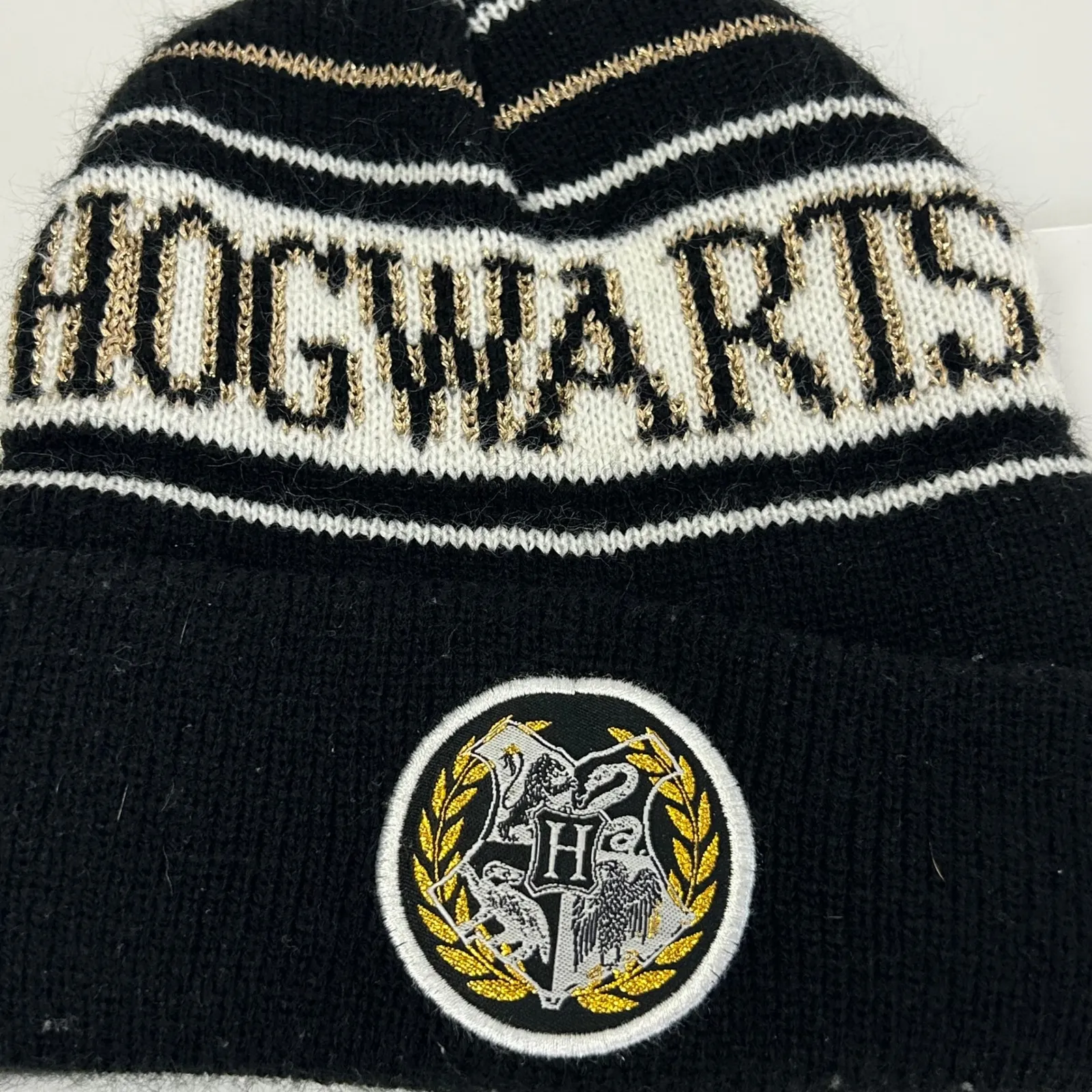Harry Potter Hogwarts Crest Knit Beanie Hat One Size Black Gold White - Image 3