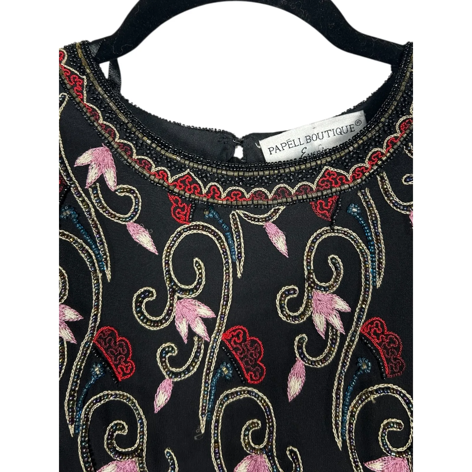 NWT Black Beaded Embroidered Silk Lined Top Floral Party Sequin Petite Medium - Image 3