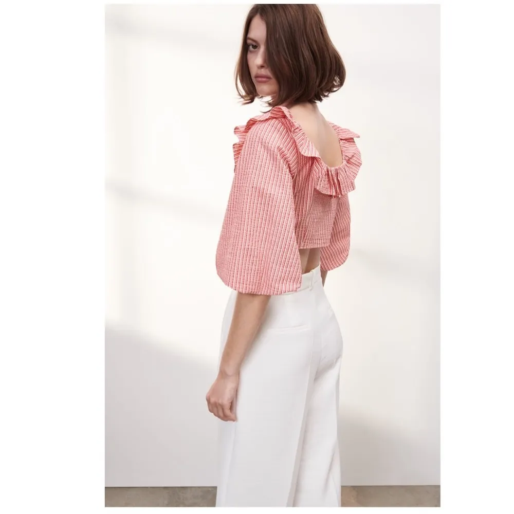 NWT ZARA STRIPED TOP WITH FLARED CUFFS STRIPED RUFFLES BLOGGERS FAV RED - Image 5