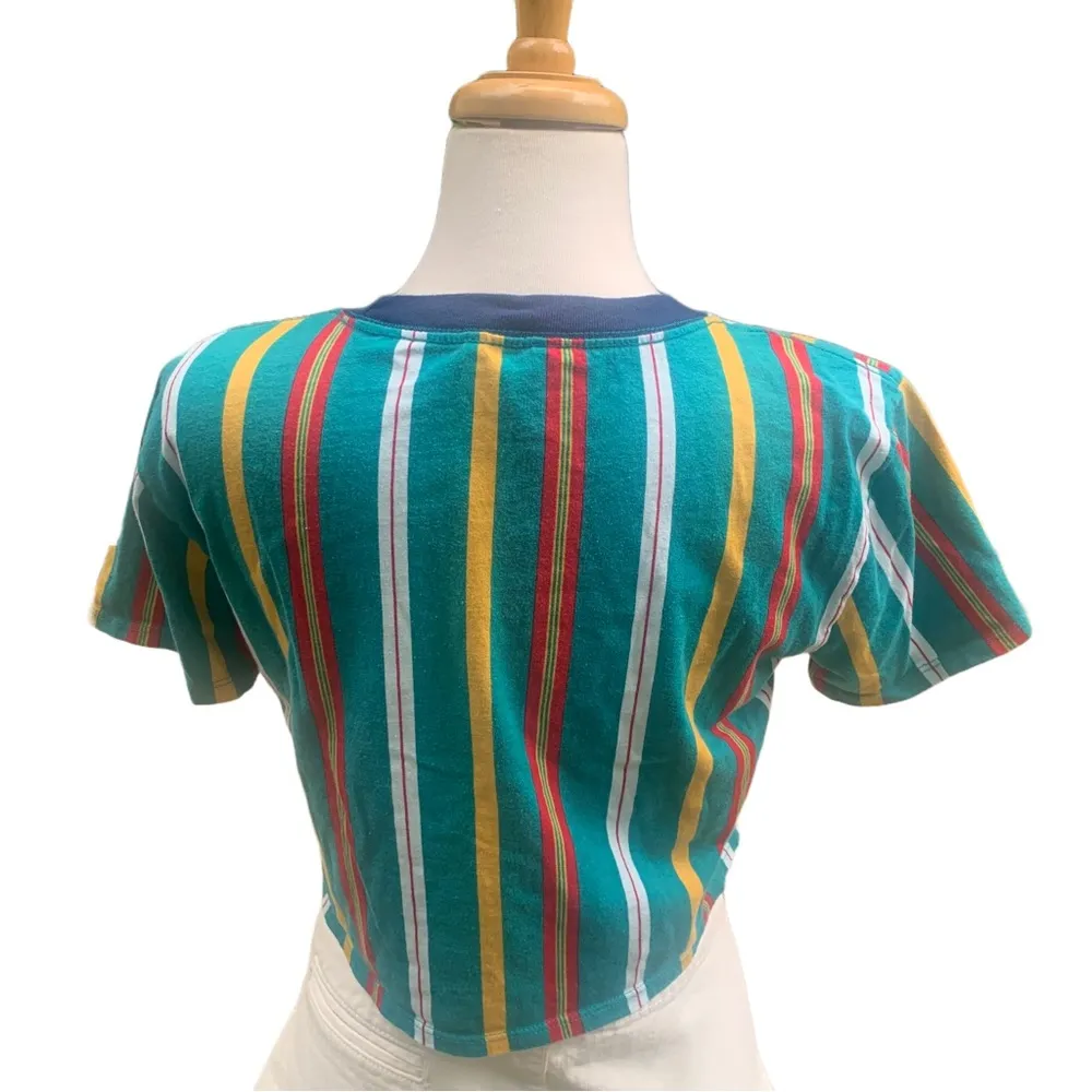 Guess  T-shirt Crop Top Short Sleeve Tee Colorful Green Striped Size XS - Image 3