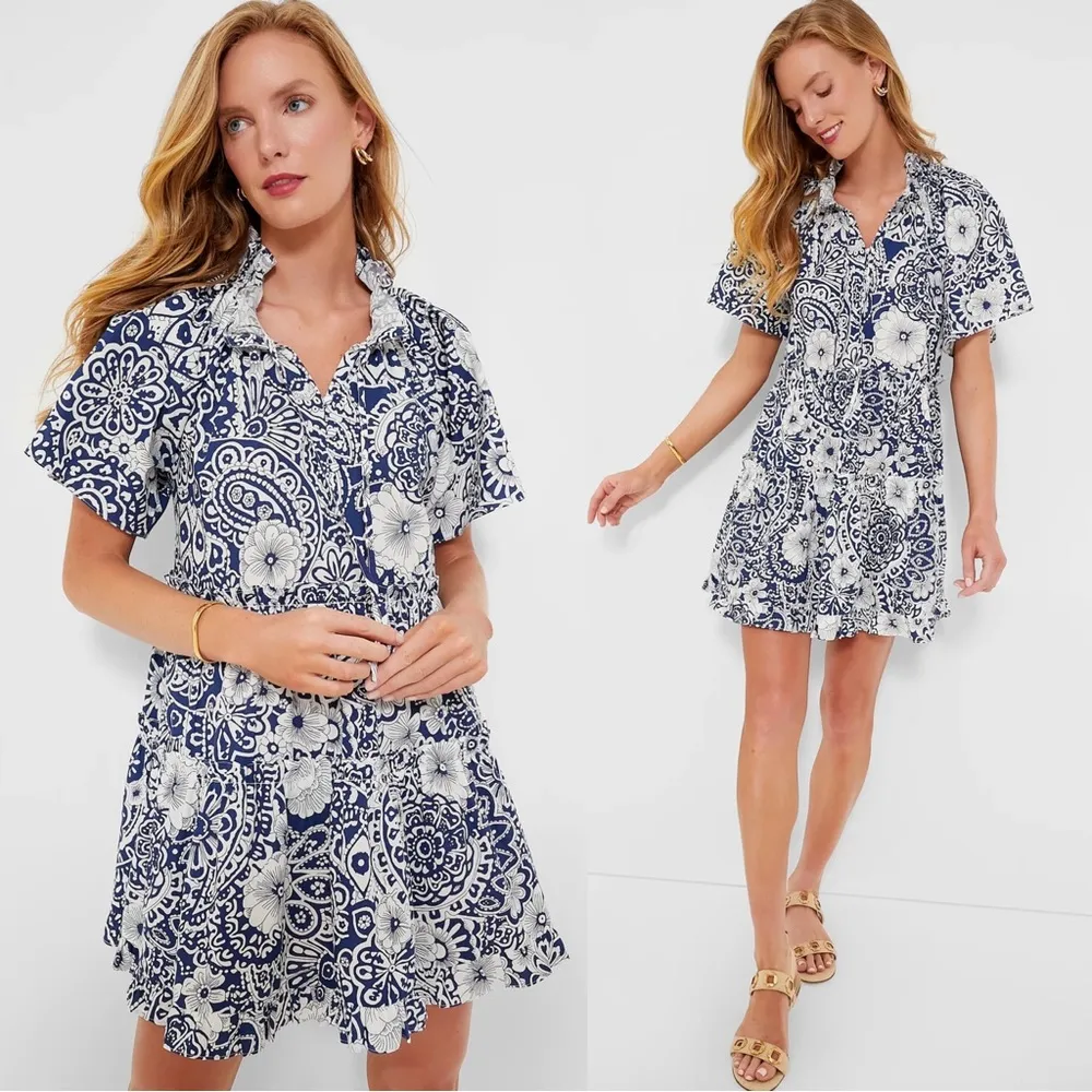 Hyacinth House • Tuckernuck Tiered Thea Mini Dress navy blue white cotton floral - Image 6
