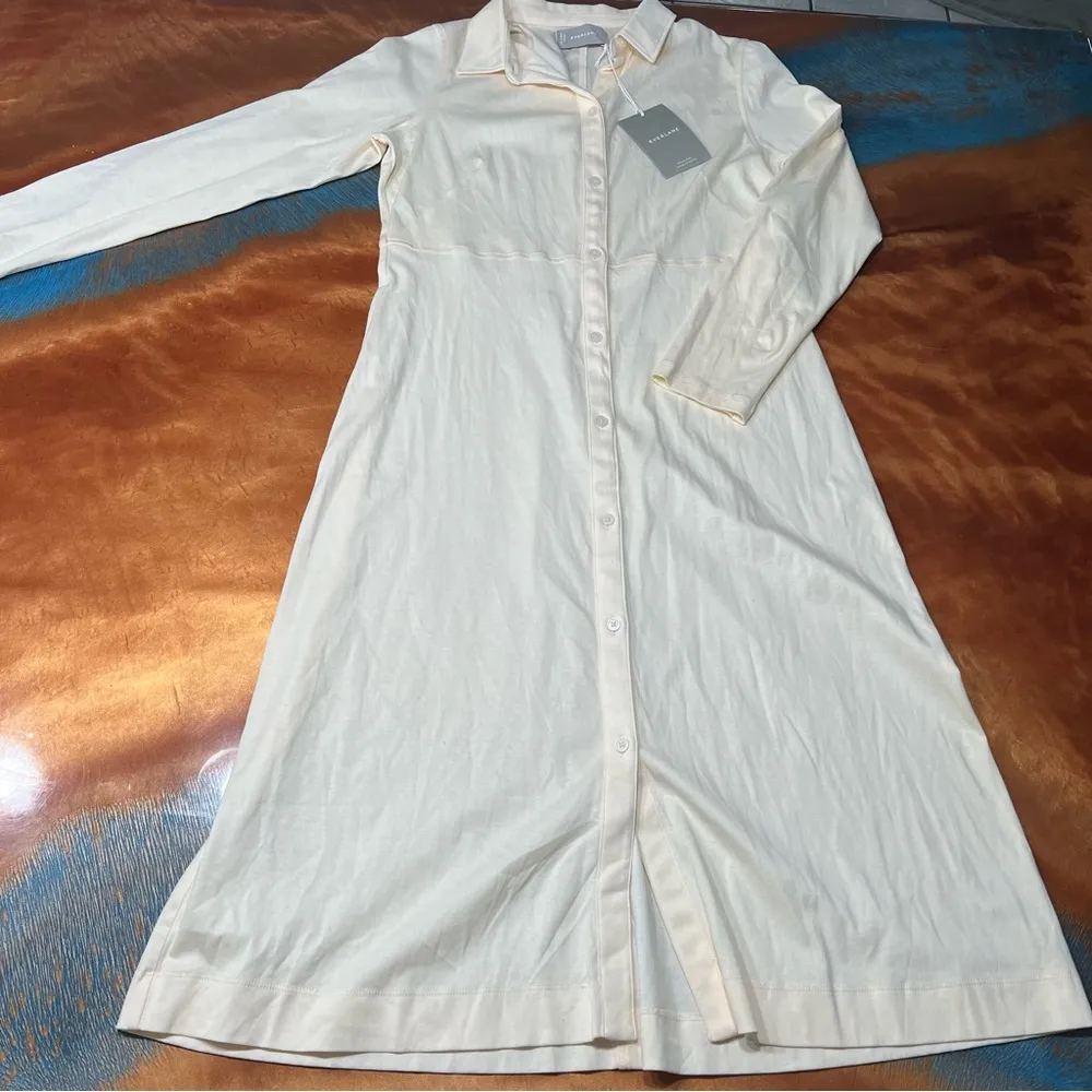 NWT Everlane Luxe Cotton Long Sleeve Button Front Dress Medium Cream colored - Image 2
