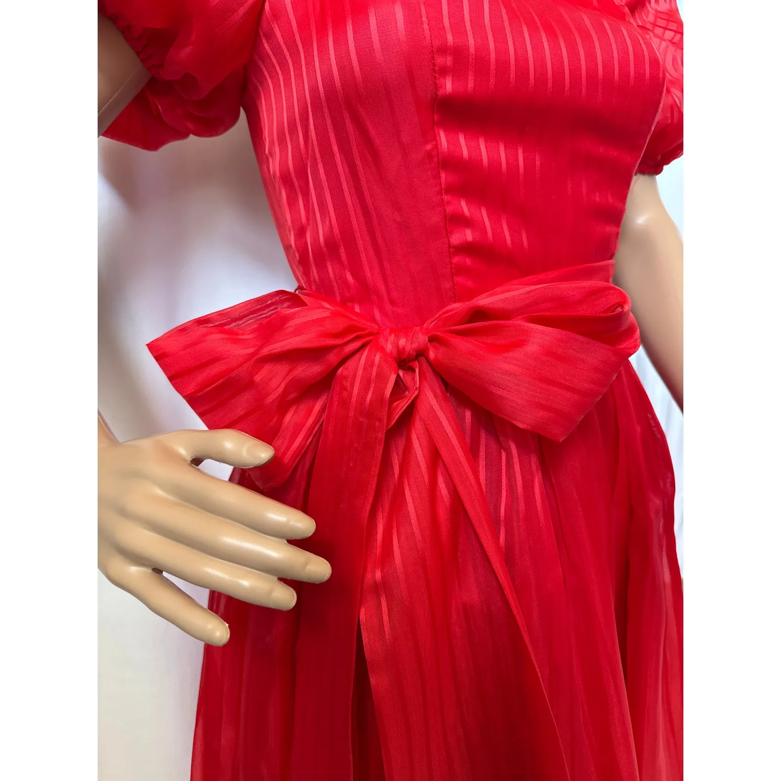 American Vintage 80’s Roberta red formal party dress, puff sleeves tie-waist XS - Image 8