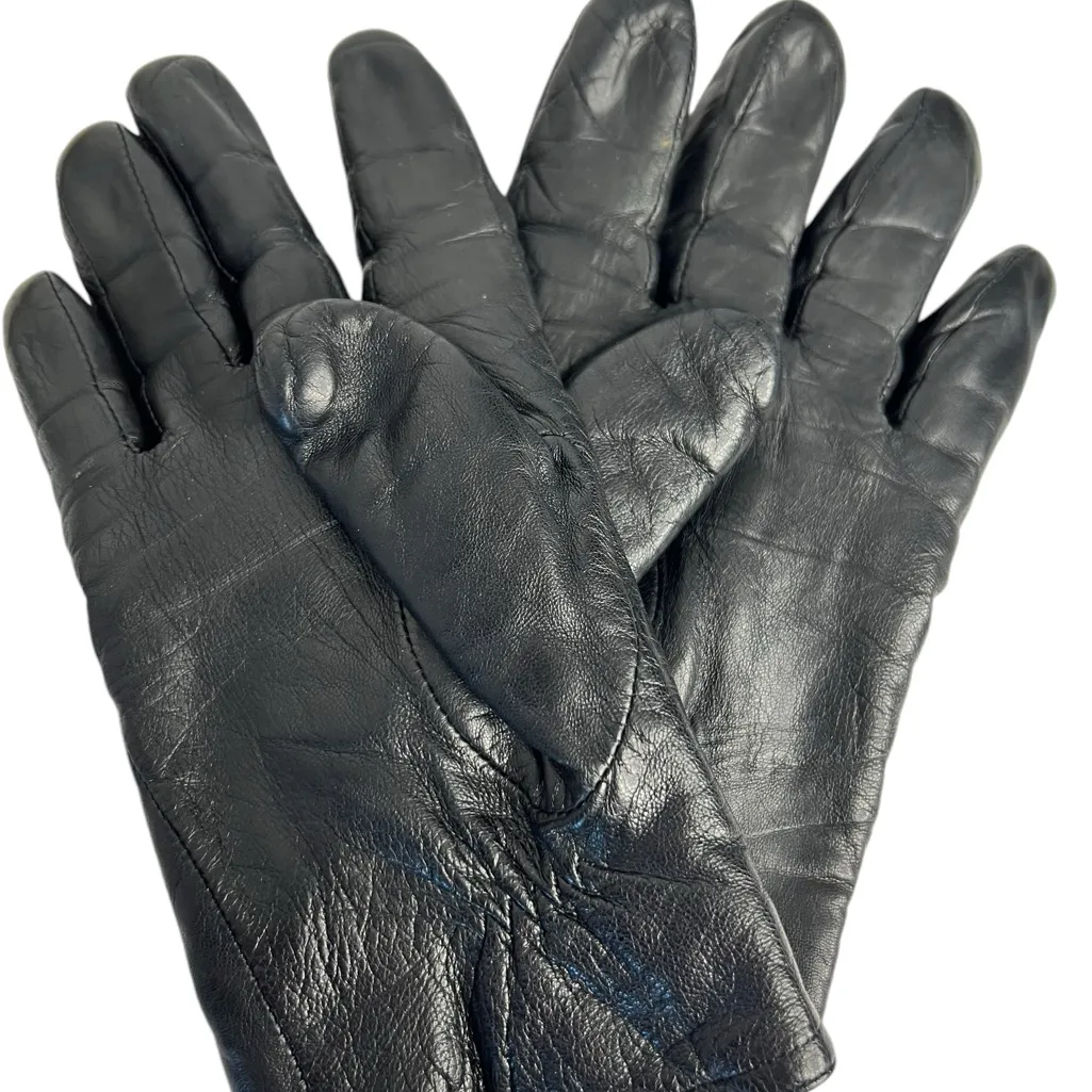 Vtg Leather Driving Style Gloves 1980s Moto knit lined Black - Image 2