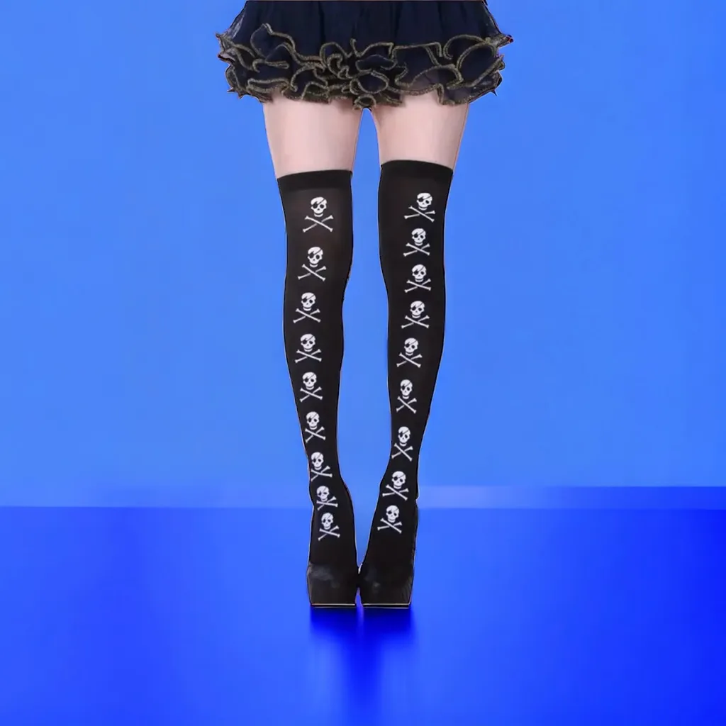 Skull Print Thigh High Socks, Cosplay Over‎ The Knee Socks
One Size Black - Image 4