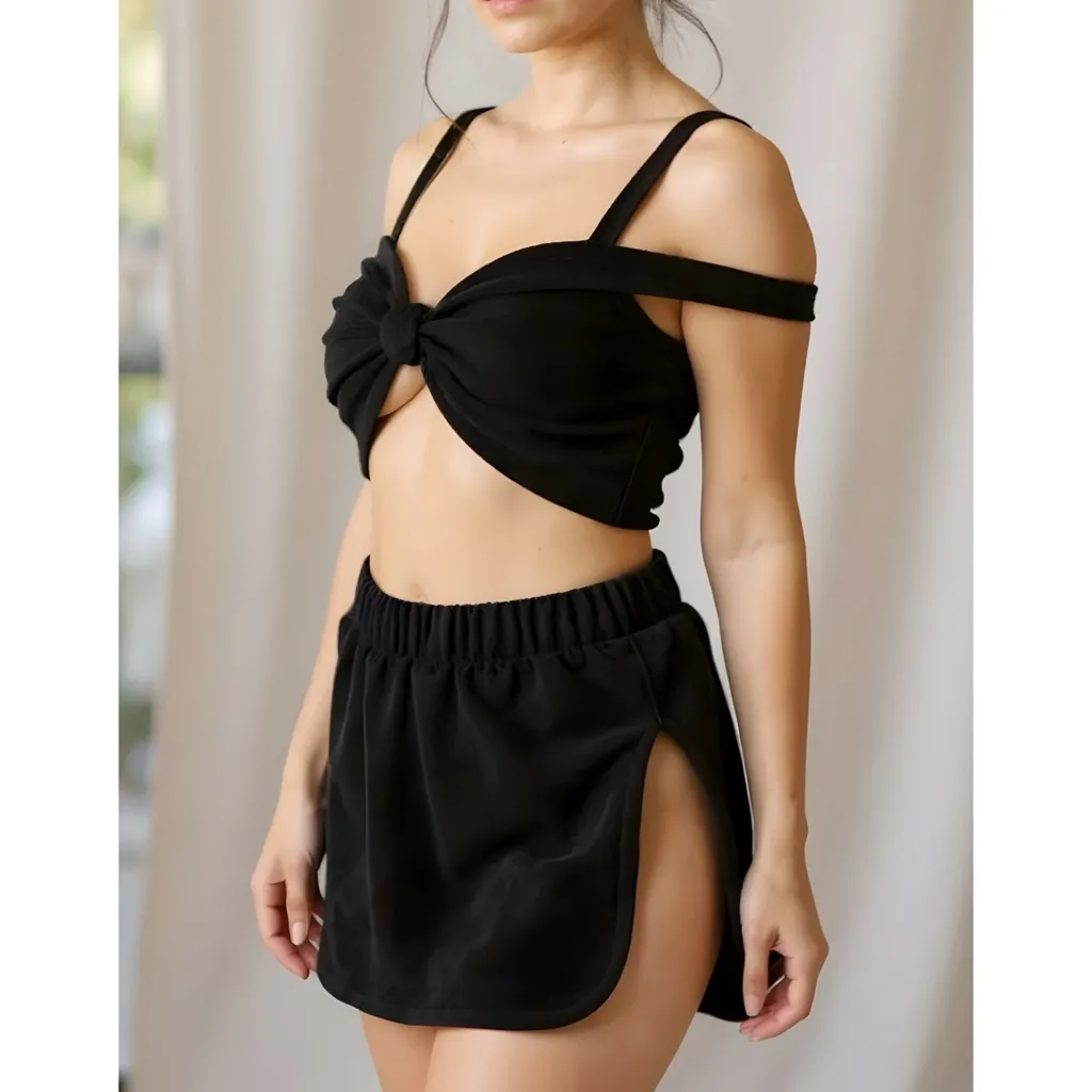 ARE YOU AM I Nicia Plush Terry Mini Skirt, Black, XS Black - Image 4