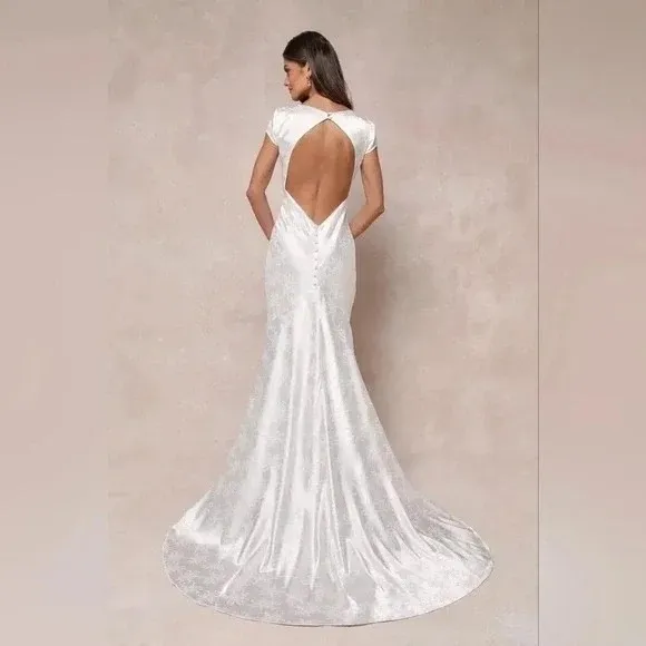 Lulus Loveliest Dream White Satin Jacquard Backless Mermaid Maxi Dress Size L Size L - Image 14